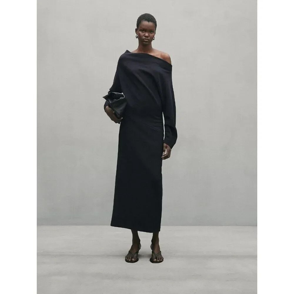 Massimo Dutti Studio Midi Dress S Small Navy Blue off shoulder 9219/952 NWT